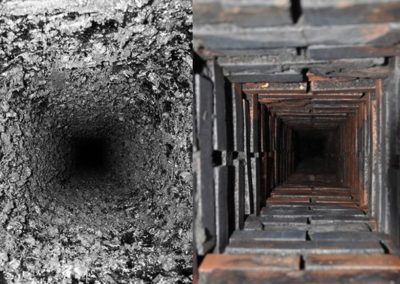 Inside view of two chimneys first one has creosote buildup and the other does not