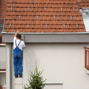 man climbing ladder to get on roof
