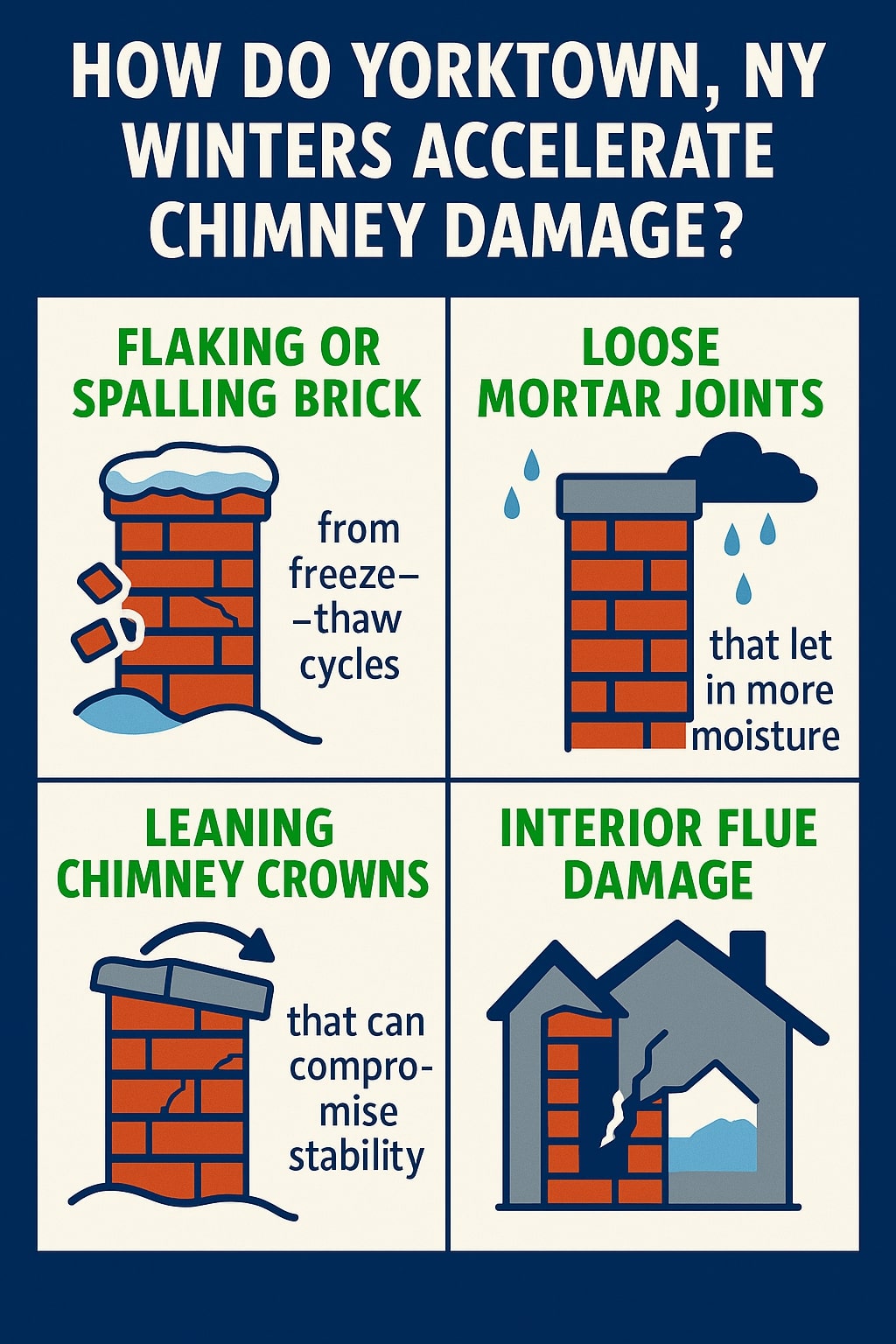 Original infographic with a navy blue background and white panels explaining “How Do Yorktown, NY Winters Accelerate Chimney Damage?” in bold white text at the top. The four illustrated panels each feature red brick chimneys with gray tops and accompanying green and black text. The first panel shows a chimney with snow and flaking bricks labeled “Flaking or Spalling Brick – from freeze–thaw cycles.” The second has raindrops and a cloud labeled “Loose Mortar Joints – that let in more moisture.” The third shows a chimney crown tilting sideways with cracks labeled “Leaning Chimney Crowns – that can compromise stability.” The fourth depicts a house with a chimney and interior cracks labeled “Interior Flue Damage.” The overall color scheme includes red, blue, gray, white, and green with simple, clear graphics and bold type for readability.
