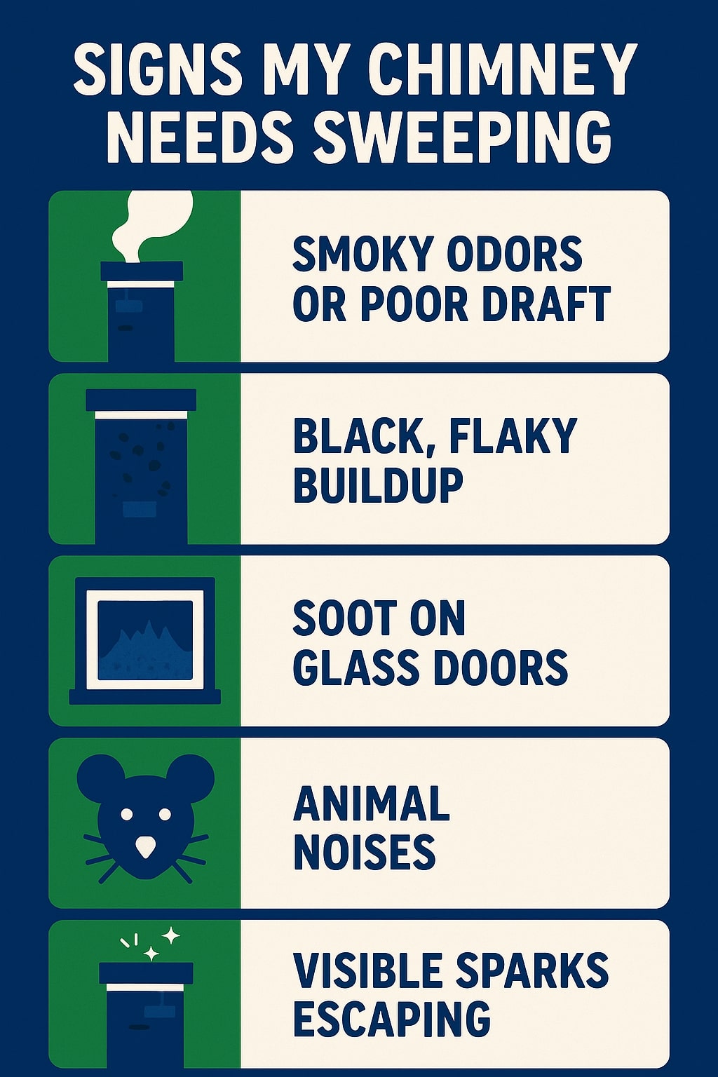 original infographic showing “Signs My Chimney Needs Sweeping” in bold white letters on a dark blue background. The design features five illustrated boxes alternating between dark blue and cream panels with green accents. Each box includes a simple icon next to bold navy text: a smoking chimney for “Smoky Odors or Poor Draft,” a chimney with black residue for “Black, Flaky Buildup,” a fireplace window for “Soot on Glass Doors,” a cartoon mouse face for “Animal Noises,” and a chimney emitting small glowing sparks for “Visible Sparks Escaping.” The clean, modern layout uses flat graphics and a blue, green, and cream color scheme for clear visual hierarchy and readability.<br />
